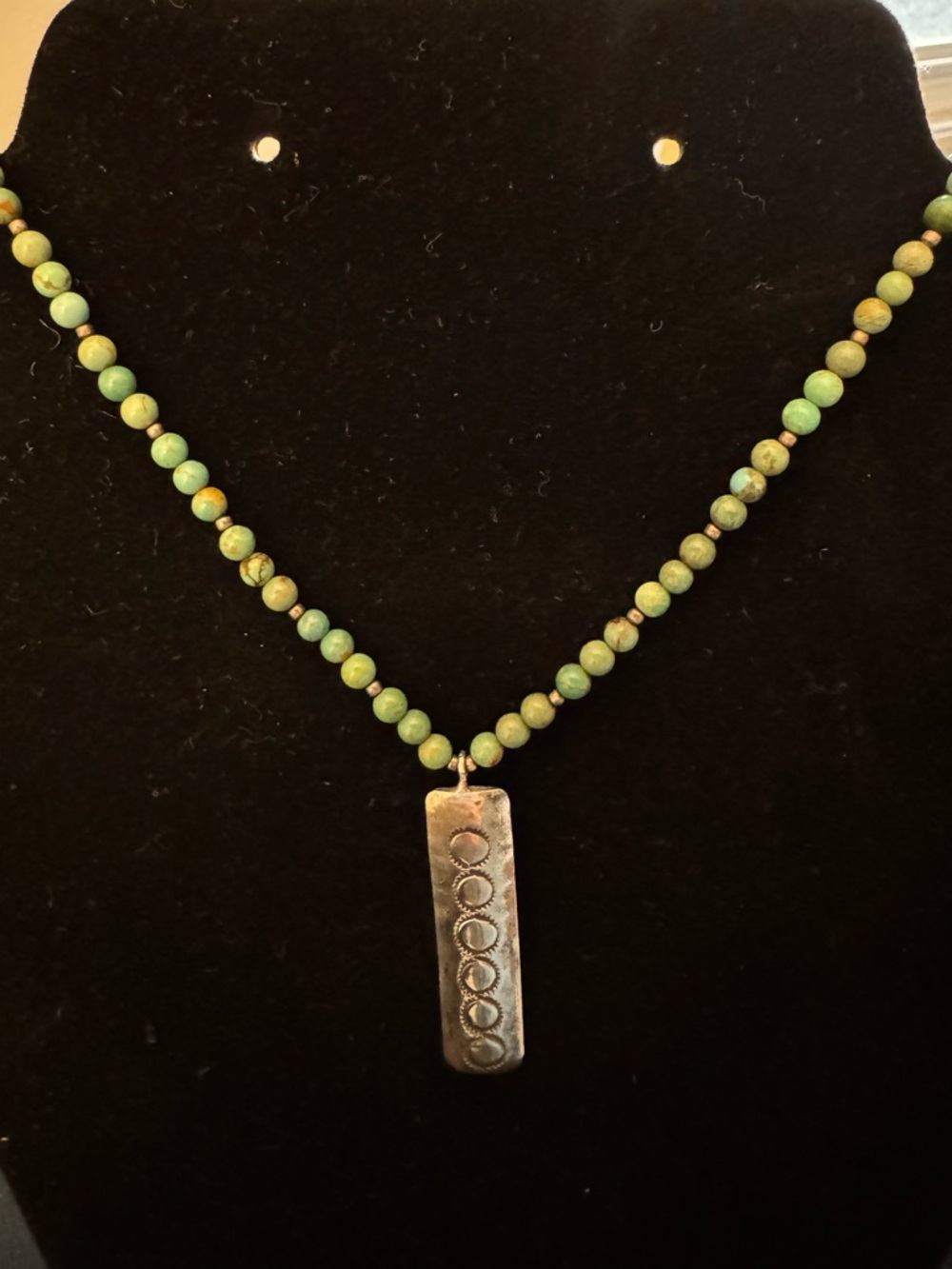 Vintage Sterling Silver Turquoise Bead Necklace w Stamped Concho Pendant